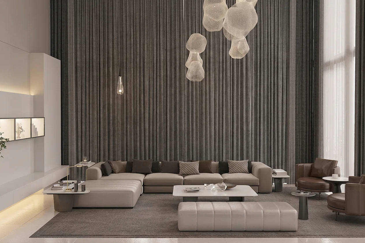 The same living room with the drapes drawn for privacy and blockout