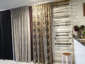 curtains and blinds on display in shop